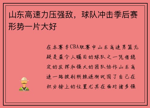 山东高速力压强敌，球队冲击季后赛形势一片大好