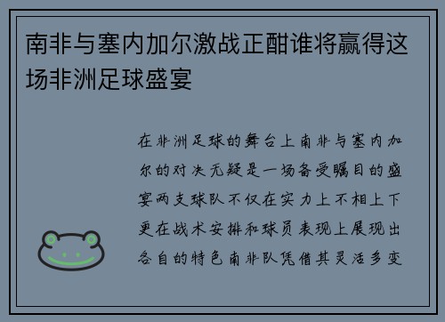 南非与塞内加尔激战正酣谁将赢得这场非洲足球盛宴
